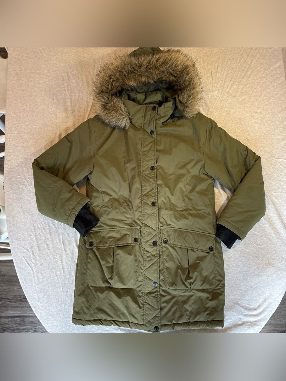 Falls Creek Olive Green Hooded Puffer Parka with Faux Fur Trim